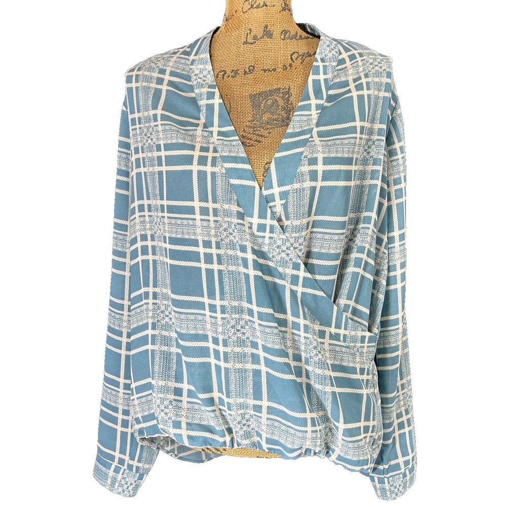 CAbi Faux Wrap Top MED‎ Turquoise Cream Plaid Long Sleeve V Neck Blouse